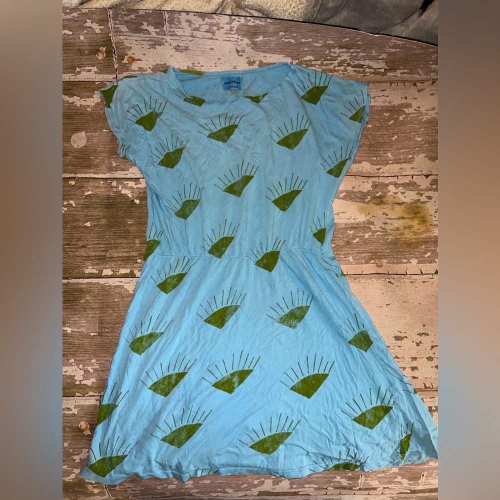 Bobo Choses 10-11 organic cotton Sun dress blue green shirt sleeve girls eyes